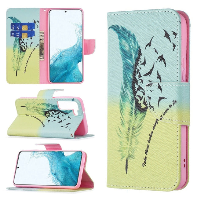 For Samsung Galaxy S22+ 5G Colored Drawing Pattern Horizontal Flip Phone Leather Case with Holder & Card Slots & Wallet(Feather)-garmade.com