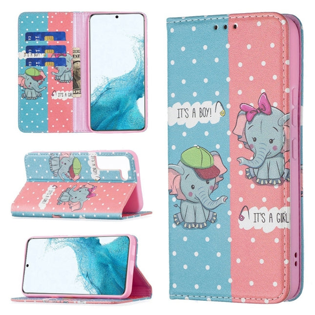 For Samsung Galaxy S22+ 5G Colored Drawing Pattern Invisible Magnetic Horizontal Flip Phone Leather Case with Holder & Card Slots & Wallet(Elephant)-garmade.com