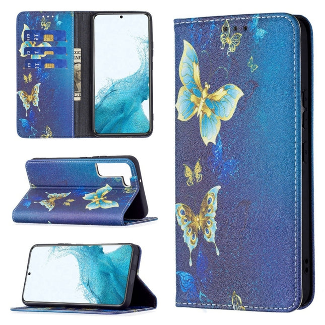For Samsung Galaxy S22+ 5G Colored Drawing Pattern Invisible Magnetic Horizontal Flip Phone Leather Case with Holder & Card Slots & Wallet(Gold Butterfly)-garmade.com