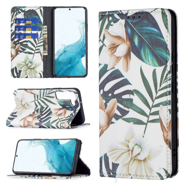 For Samsung Galaxy S22+ 5G Colored Drawing Pattern Invisible Magnetic Horizontal Flip Phone Leather Case with Holder & Card Slots & Wallet(Red Leaves)-garmade.com