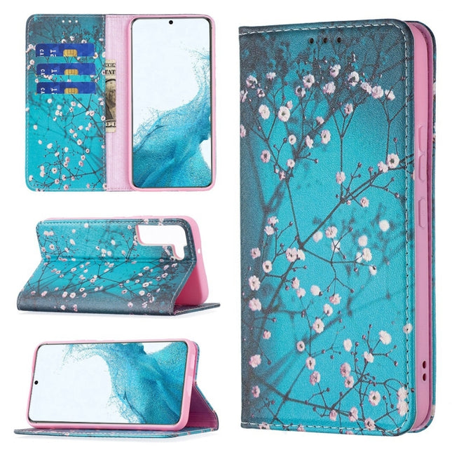 For Samsung Galaxy S22+ 5G Colored Drawing Pattern Invisible Magnetic Horizontal Flip Phone Leather Case with Holder & Card Slots & Wallet(Plum Blossom)-garmade.com