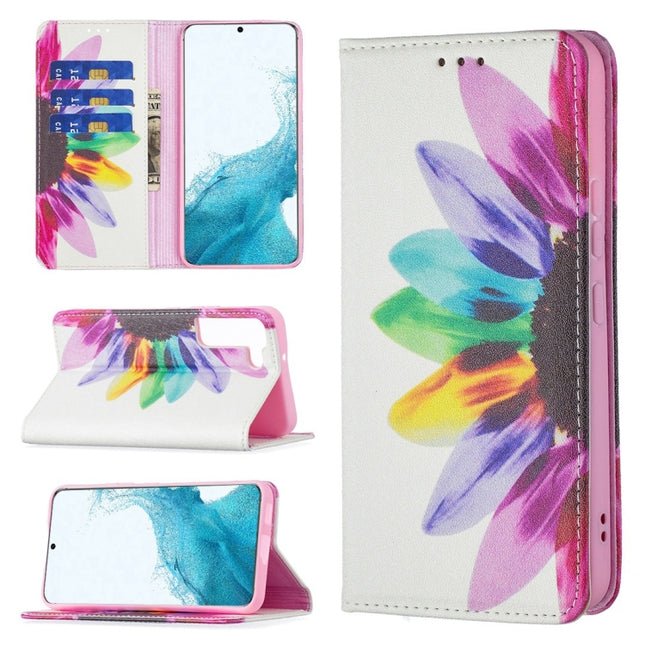 For Samsung Galaxy S22+ 5G Colored Drawing Pattern Invisible Magnetic Horizontal Flip Phone Leather Case with Holder & Card Slots & Wallet(Sun Flower)-garmade.com