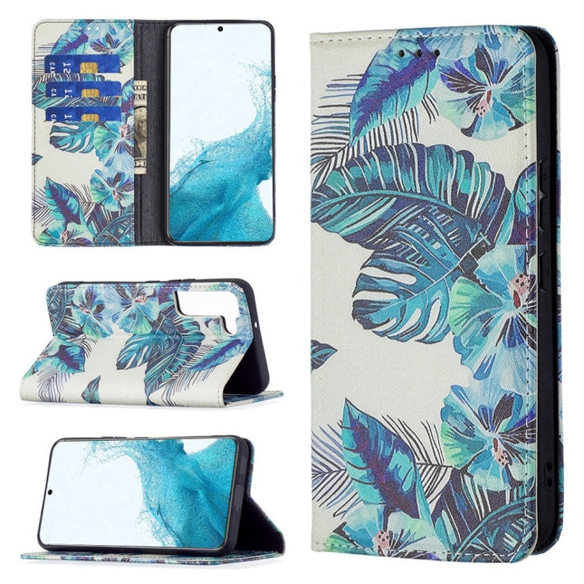 For Samsung Galaxy S22+ 5G Colored Drawing Pattern Invisible Magnetic Horizontal Flip Phone Leather Case with Holder & Card Slots & Wallet(Blue Leaf)-garmade.com