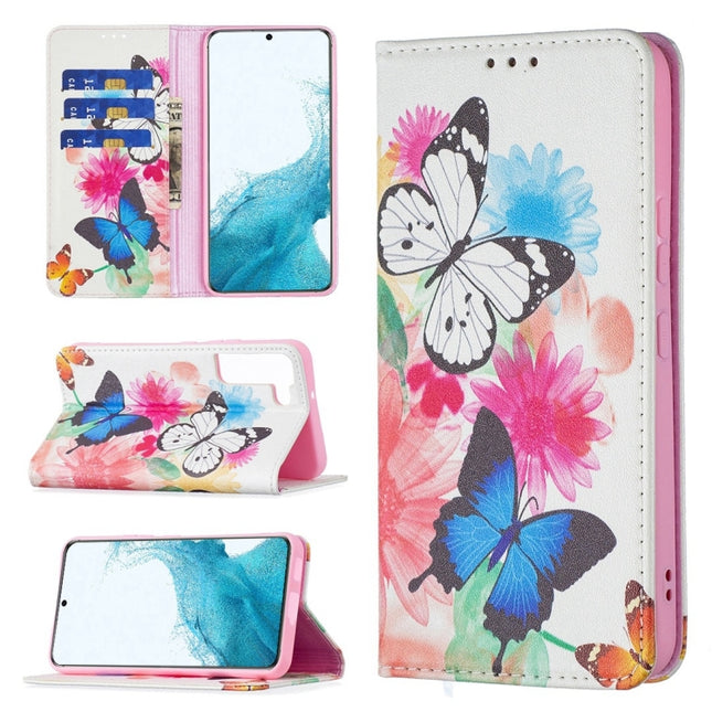 For Samsung Galaxy S22+ 5G Colored Drawing Pattern Invisible Magnetic Horizontal Flip Phone Leather Case with Holder & Card Slots & Wallet(Two Butterflies)-garmade.com