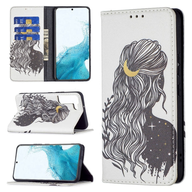 For Samsung Galaxy S22+ 5G Colored Drawing Pattern Invisible Magnetic Horizontal Flip Phone Leather Case with Holder & Card Slots & Wallet(Girl)-garmade.com