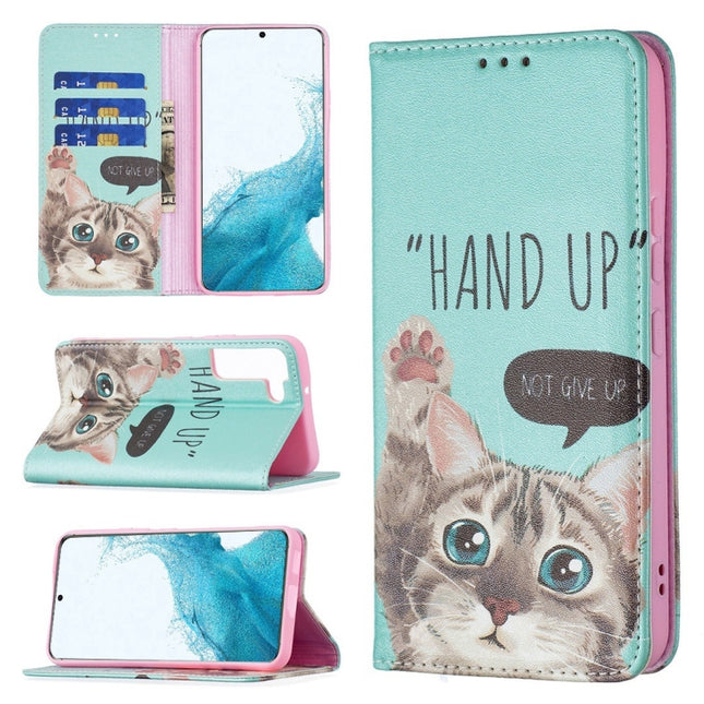 For Samsung Galaxy S22+ 5G Colored Drawing Pattern Invisible Magnetic Horizontal Flip Phone Leather Case with Holder & Card Slots & Wallet(Cat)-garmade.com