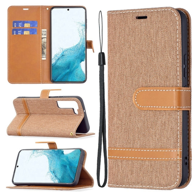For Samsung Galaxy S22+ 5G Color Matching Denim Texture Leather Case with Holder & Card Slots & Wallet & Lanyard(Brown)-garmade.com