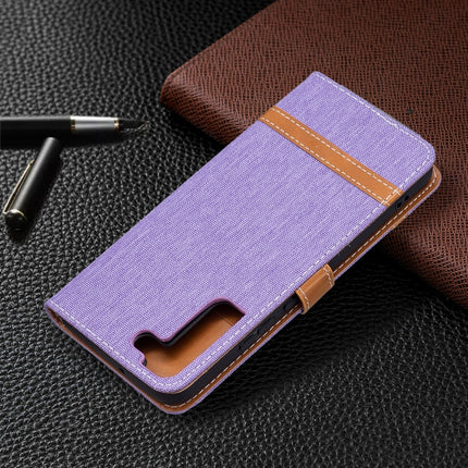 For Samsung Galaxy S22+ 5G Color Matching Denim Texture Leather Case with Holder & Card Slots & Wallet & Lanyard(Purple)-garmade.com