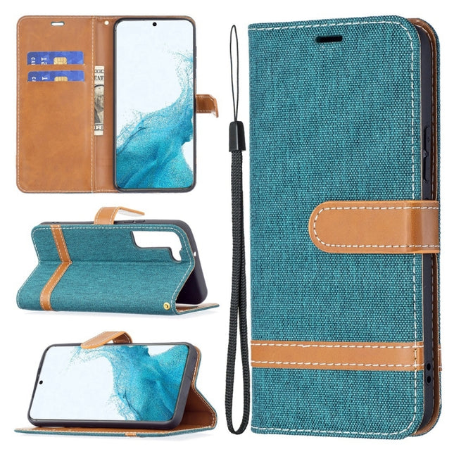 For Samsung Galaxy S22+ 5G Color Matching Denim Texture Leather Case with Holder & Card Slots & Wallet & Lanyard(Green)-garmade.com