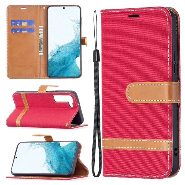 For Samsung Galaxy S22+ 5G Color Matching Denim Texture Leather Case with Holder & Card Slots & Wallet & Lanyard(Red)-garmade.com
