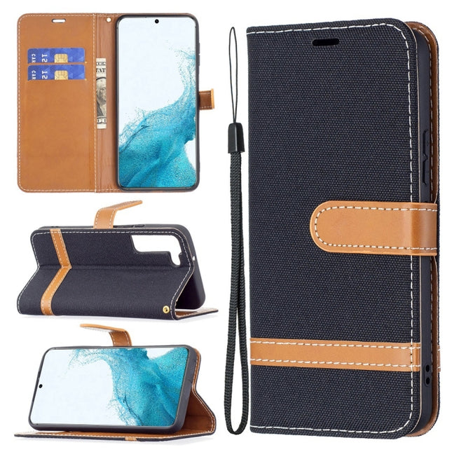 For Samsung Galaxy S22+ 5G Color Matching Denim Texture Leather Case with Holder & Card Slots & Wallet & Lanyard(Black)-garmade.com