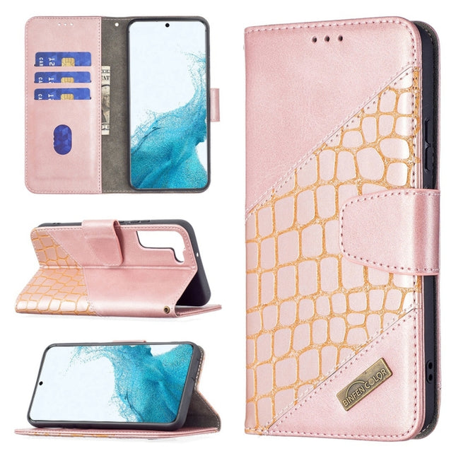 For Samsung Galaxy S22+ 5G Matching Color Crocodile Texture Leather Phone Case with Holder & Card Slots & Wallet(Rose Gold)-garmade.com