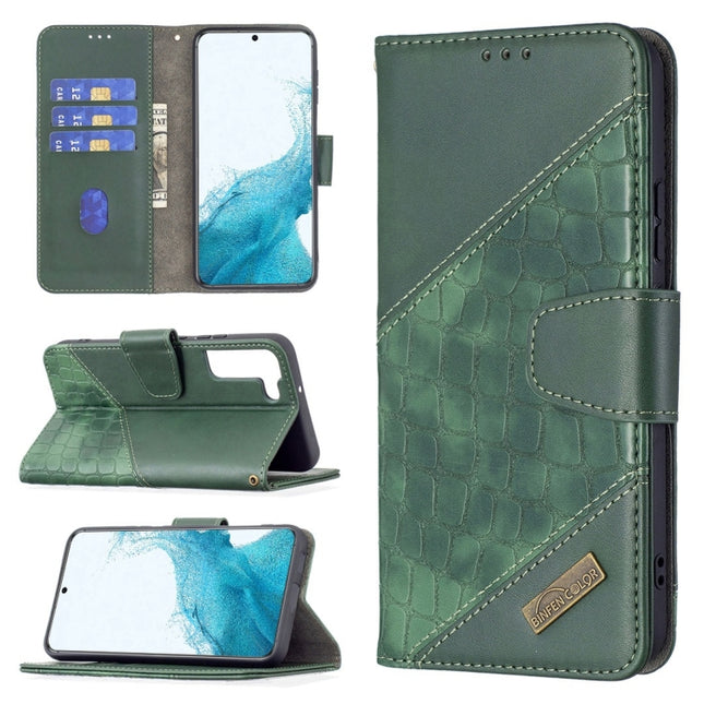 For Samsung Galaxy S22+ 5G Matching Color Crocodile Texture Leather Phone Case with Holder & Card Slots & Wallet(Green)-garmade.com