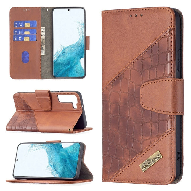 For Samsung Galaxy S22+ 5G Matching Color Crocodile Texture Leather Phone Case with Holder & Card Slots & Wallet(Brown)-garmade.com