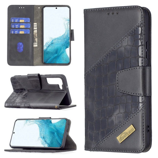 For Samsung Galaxy S22+ 5G Matching Color Crocodile Texture Leather Phone Case with Holder & Card Slots & Wallet(Black)-garmade.com
