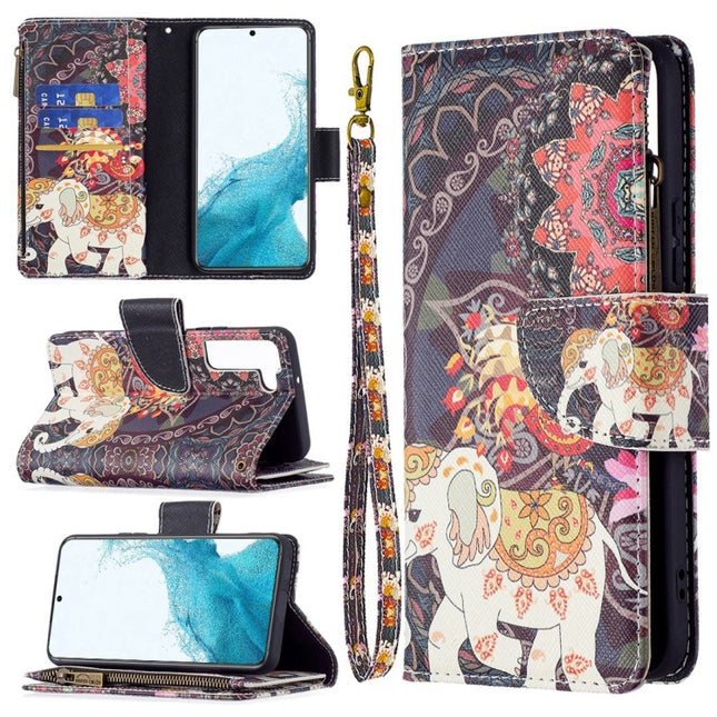 For Samsung Galaxy S22+ 5G Colored Drawing Pattern Zipper Horizontal Flip Phone Leather Case with Holder & Card Slots & Wallet(Flower Elephants)-garmade.com