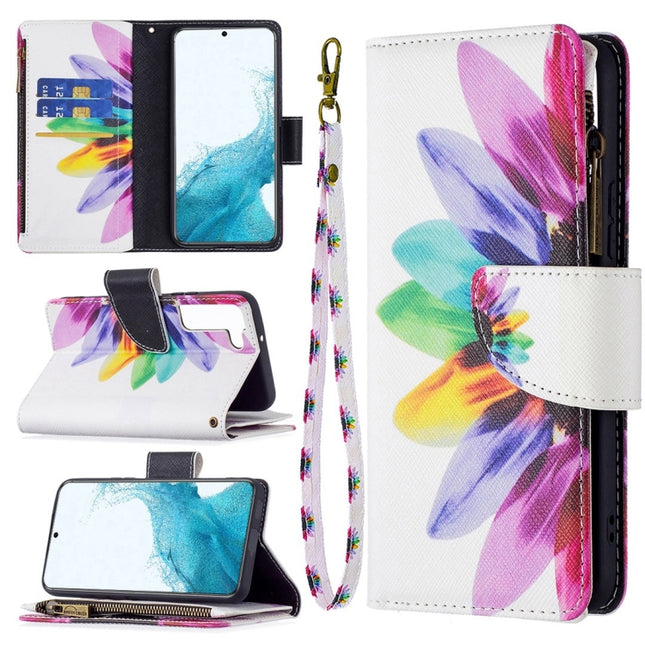 For Samsung Galaxy S22+ 5G Colored Drawing Pattern Zipper Horizontal Flip Phone Leather Case with Holder & Card Slots & Wallet(Sun Flower)-garmade.com