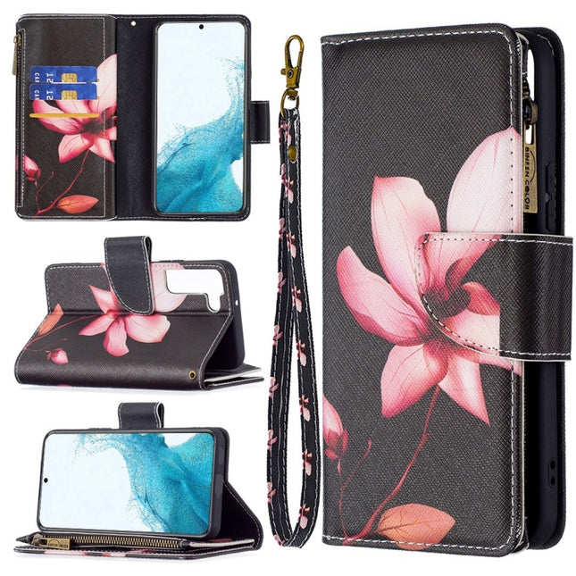 For Samsung Galaxy S22+ 5G Colored Drawing Pattern Zipper Horizontal Flip Phone Leather Case with Holder & Card Slots & Wallet(Lotus)-garmade.com