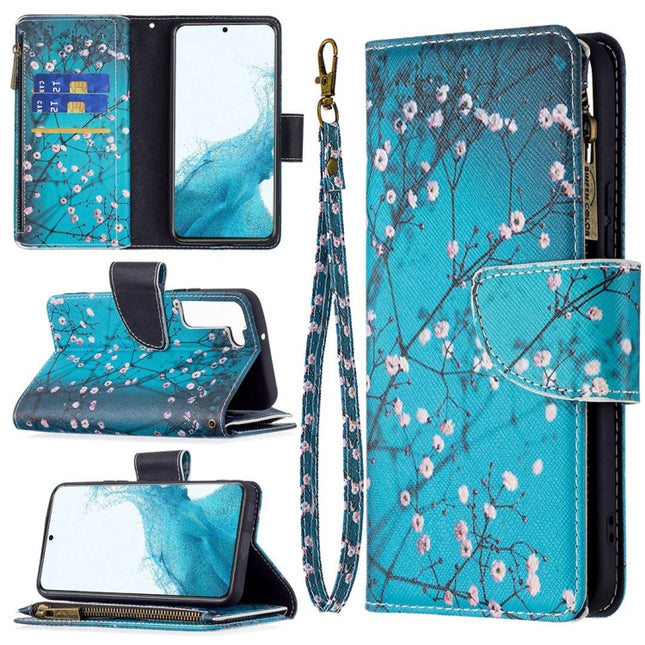 For Samsung Galaxy S22+ 5G Colored Drawing Pattern Zipper Horizontal Flip Phone Leather Case with Holder & Card Slots & Wallet(Plum Blossom)-garmade.com