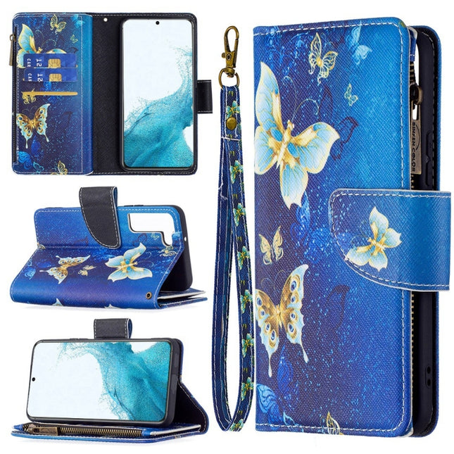 For Samsung Galaxy S22+ 5G Colored Drawing Pattern Zipper Horizontal Flip Phone Leather Case with Holder & Card Slots & Wallet(Gold Butterfly)-garmade.com