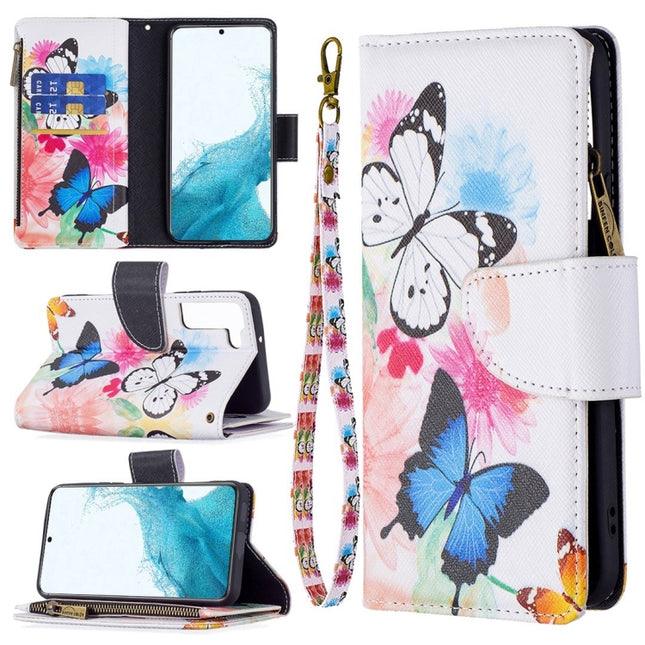 For Samsung Galaxy S22+ 5G Colored Drawing Pattern Zipper Horizontal Flip Phone Leather Case with Holder & Card Slots & Wallet(Two Butterflies)-garmade.com