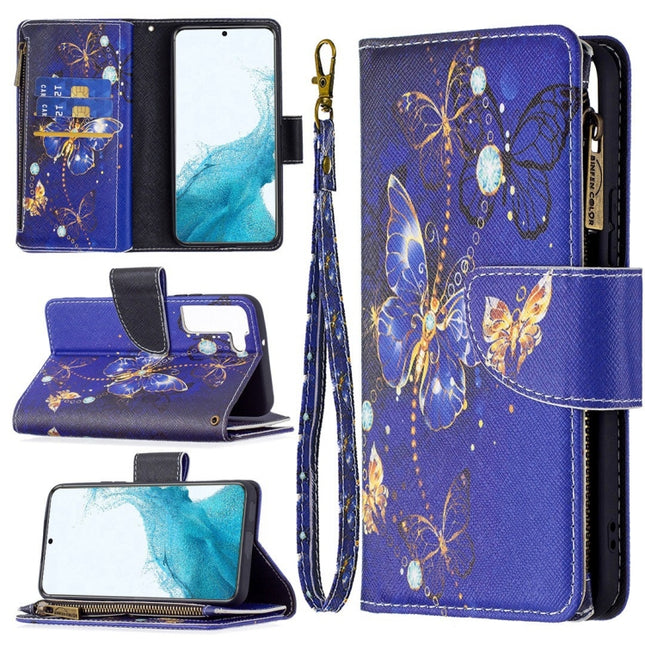 For Samsung Galaxy S22+ 5G Colored Drawing Pattern Zipper Horizontal Flip Phone Leather Case with Holder & Card Slots & Wallet(Purple Butterfly)-garmade.com