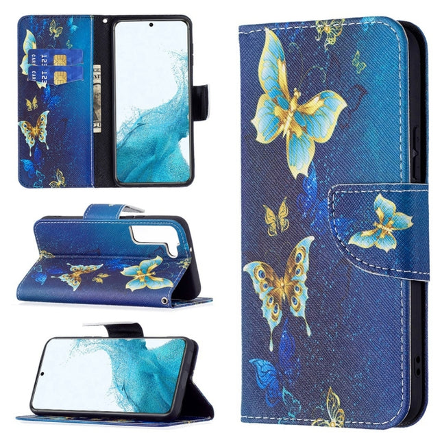 For Samsung Galaxy S22+ 5G Colored Drawing Pattern Horizontal Flip Phone Leather Case with Holder & Card Slots & Wallet(Gold Butterfly)-garmade.com