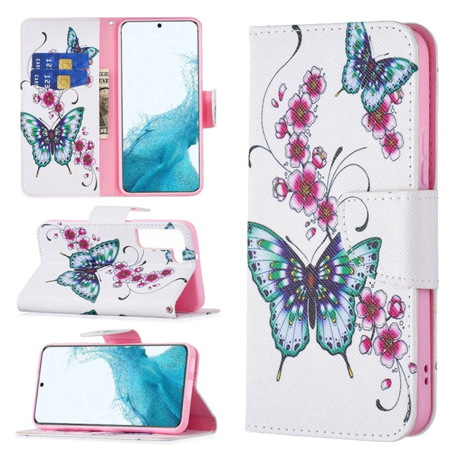 For Samsung Galaxy S22+ 5G Colored Drawing Pattern Horizontal Flip Phone Leather Case with Holder & Card Slots & Wallet(Peach Blossom Butterfly)-garmade.com