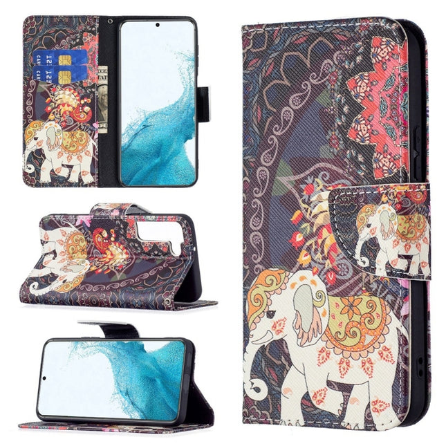 For Samsung Galaxy S22+ 5G Colored Drawing Pattern Horizontal Flip Phone Leather Case with Holder & Card Slots & Wallet(Flowers Elephant)-garmade.com