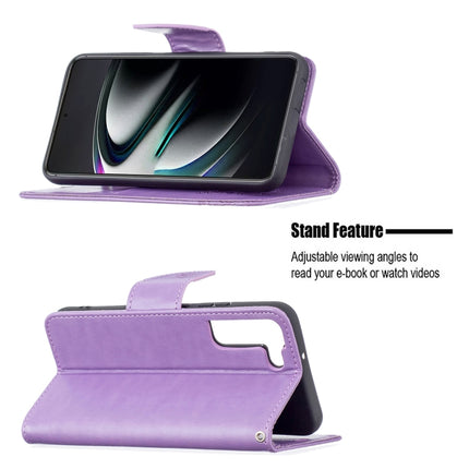 For Samsung Galaxy S22+ 5G Embossing Two Butterflies Pattern Leather Phone Case with Holder & Card Slot & Wallet & Lanyard(Purple)-garmade.com