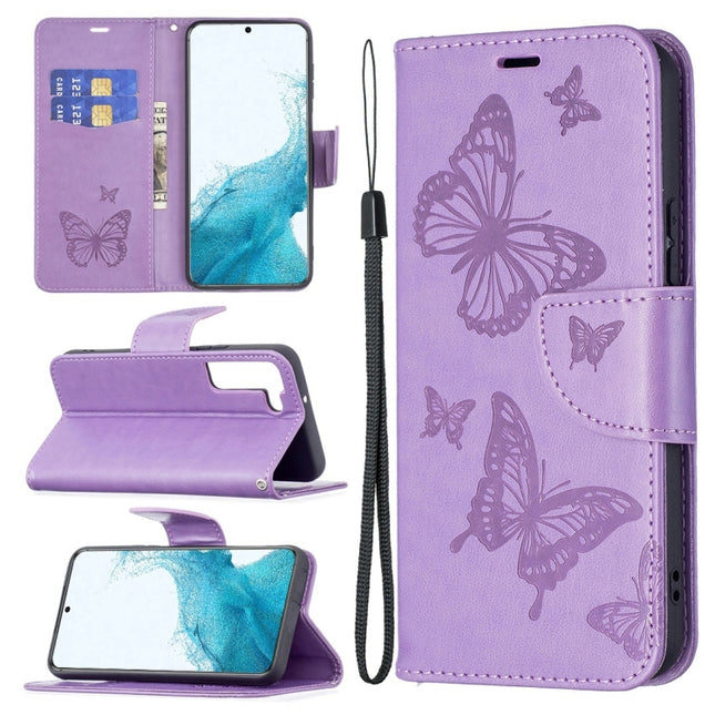 For Samsung Galaxy S22+ 5G Embossing Two Butterflies Pattern Leather Phone Case with Holder & Card Slot & Wallet & Lanyard(Purple)-garmade.com