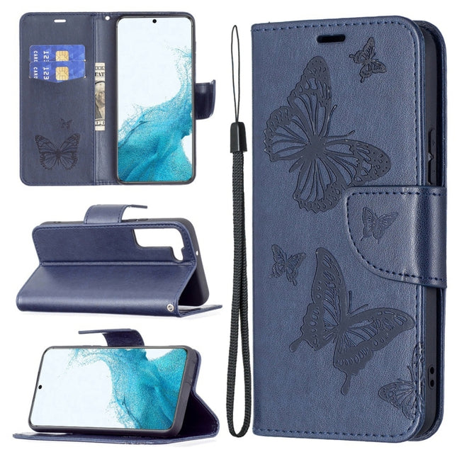 For Samsung Galaxy S22+ 5G Embossing Two Butterflies Pattern Leather Phone Case with Holder & Card Slot & Wallet & Lanyard(Blue)-garmade.com