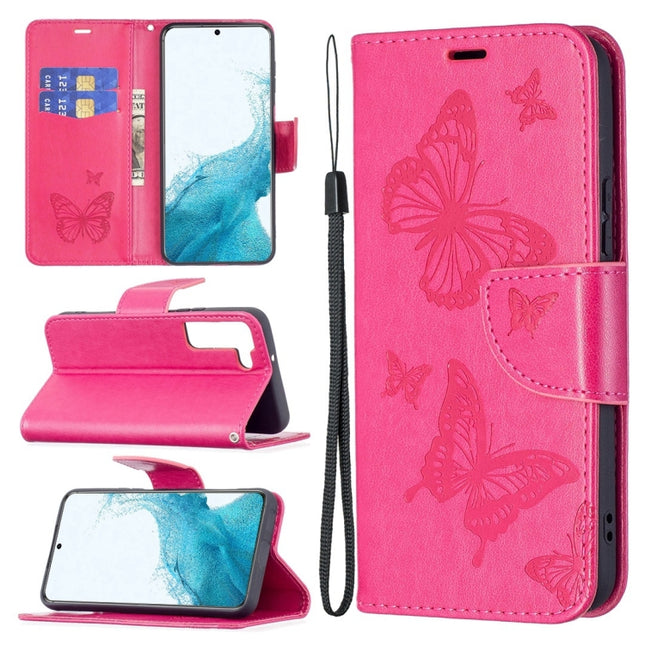 For Samsung Galaxy S22+ 5G Embossing Two Butterflies Pattern Leather Phone Case with Holder & Card Slot & Wallet & Lanyard(Rose Red)-garmade.com