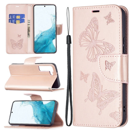 For Samsung Galaxy S22+ 5G Embossing Two Butterflies Pattern Leather Phone Case with Holder & Card Slot & Wallet & Lanyard(Rose Gold)-garmade.com