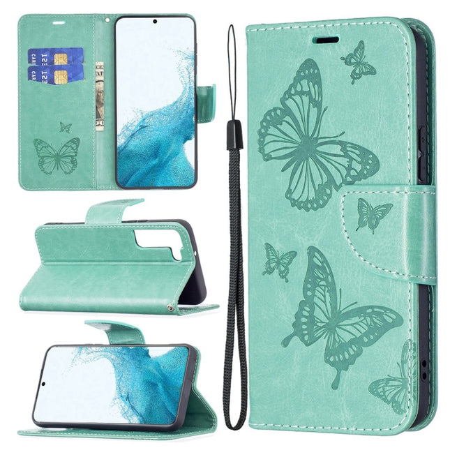 For Samsung Galaxy S22+ 5G Embossing Two Butterflies Pattern Leather Phone Case with Holder & Card Slot & Wallet & Lanyard(Green)-garmade.com