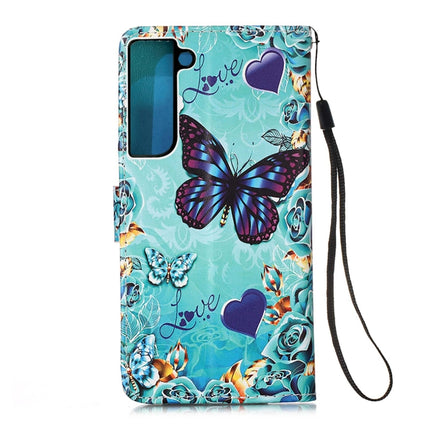 For Samsung Galaxy S22 5G Colored Drawing Pattern Plain Weave Leather Phone Case with Holder & Card Slot & Wallet & Lanyard(Heart Butterfly)-garmade.com