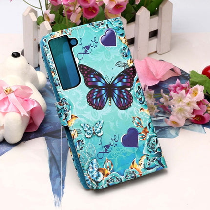 For Samsung Galaxy S22 5G Colored Drawing Pattern Plain Weave Leather Phone Case with Holder & Card Slot & Wallet & Lanyard(Heart Butterfly)-garmade.com
