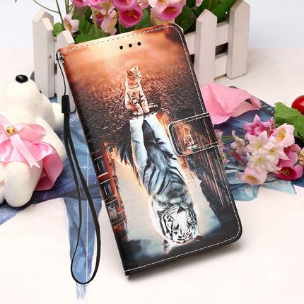 For Samsung Galaxy S22 5G Colored Drawing Pattern Plain Weave Leather Phone Case with Holder & Card Slot & Wallet & Lanyard(Cat and Tiger)-garmade.com