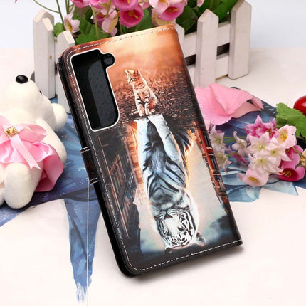 For Samsung Galaxy S22 5G Colored Drawing Pattern Plain Weave Leather Phone Case with Holder & Card Slot & Wallet & Lanyard(Cat and Tiger)-garmade.com
