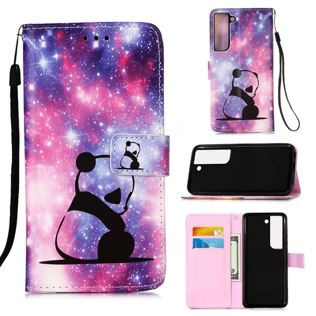 For Samsung Galaxy S22+ 5G Colored Drawing Pattern Plain Weave Leather Phone Case with Holder & Card Slot & Wallet & Lanyard(Baby Panda)-garmade.com