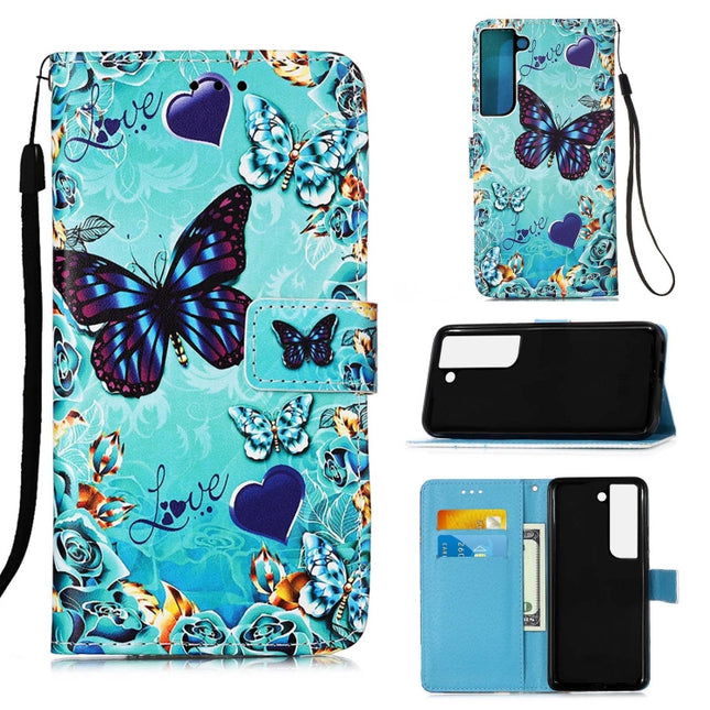 For Samsung Galaxy S22+ 5G Colored Drawing Pattern Plain Weave Leather Phone Case with Holder & Card Slot & Wallet & Lanyard(Heart Butterfly)-garmade.com