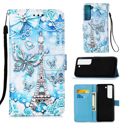For Samsung Galaxy S22+ 5G Colored Drawing Pattern Plain Weave Leather Phone Case with Holder & Card Slot & Wallet & Lanyard(Tower Butterfly)-garmade.com