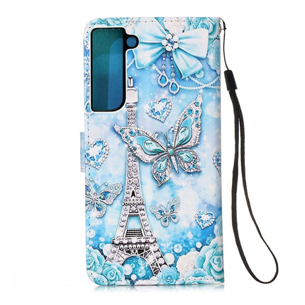 For Samsung Galaxy S22+ 5G Colored Drawing Pattern Plain Weave Leather Phone Case with Holder & Card Slot & Wallet & Lanyard(Tower Butterfly)-garmade.com