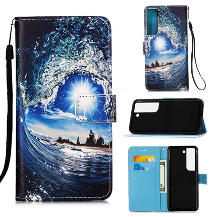For Samsung Galaxy S22+ 5G Colored Drawing Pattern Plain Weave Leather Phone Case with Holder & Card Slot & Wallet & Lanyard(Ocean Waves and Sun)-garmade.com