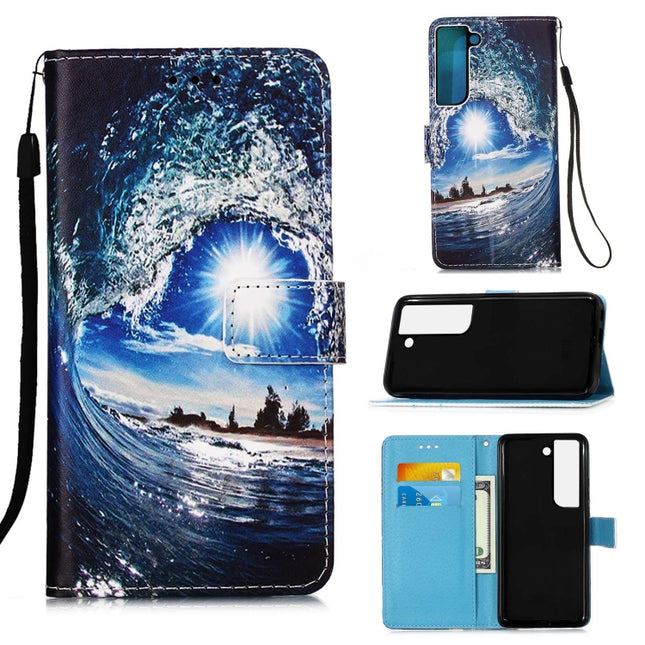 For Samsung Galaxy S22+ 5G Colored Drawing Pattern Plain Weave Leather Phone Case with Holder & Card Slot & Wallet & Lanyard(Ocean Waves and Sun)-garmade.com