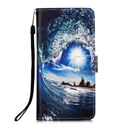 For Samsung Galaxy S22+ 5G Colored Drawing Pattern Plain Weave Leather Phone Case with Holder & Card Slot & Wallet & Lanyard(Ocean Waves and Sun)-garmade.com
