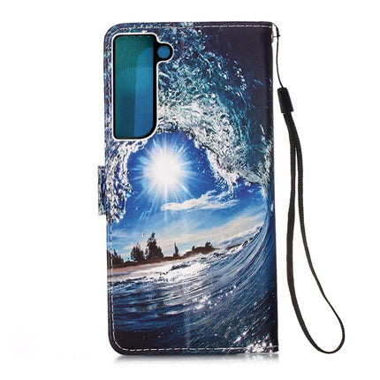For Samsung Galaxy S22+ 5G Colored Drawing Pattern Plain Weave Leather Phone Case with Holder & Card Slot & Wallet & Lanyard(Ocean Waves and Sun)-garmade.com