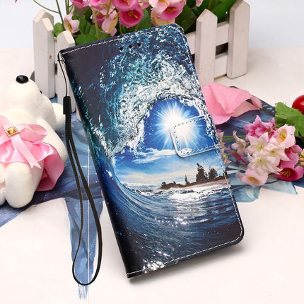 For Samsung Galaxy S22+ 5G Colored Drawing Pattern Plain Weave Leather Phone Case with Holder & Card Slot & Wallet & Lanyard(Ocean Waves and Sun)-garmade.com