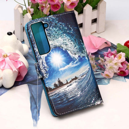 For Samsung Galaxy S22+ 5G Colored Drawing Pattern Plain Weave Leather Phone Case with Holder & Card Slot & Wallet & Lanyard(Ocean Waves and Sun)-garmade.com