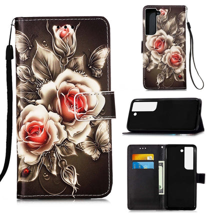 For Samsung Galaxy S22+ 5G Colored Drawing Pattern Plain Weave Leather Phone Case with Holder & Card Slot & Wallet & Lanyard(Rose)-garmade.com